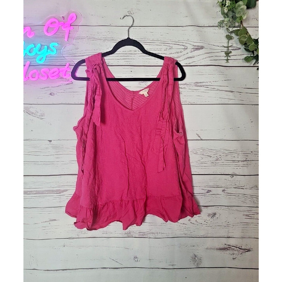 Terra & Sky Hot Pink Knit Tank Guaze Top with Tie Shoulder Womans Plus Size 4X - Picture 2 of 7
